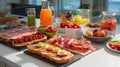 a breakfast spread of food on a kitchen counter Royalty Free Stock Photo