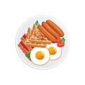 Breakfast of sunnyside up eggs, bacon, sausage, buttered toast isolated on white background.