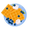 Breakfast sweet food, delicious waffles on plate with blueberry and cream, top view