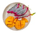 Breakfast with sweet pitaya and mango. Plate with pitaya and mango