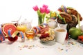 Breakfast on table with bread buns, croissants, coffe and juice on carnival Royalty Free Stock Photo