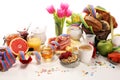 Breakfast on table with bread buns, croissants, coffe and juice on carnival Royalty Free Stock Photo