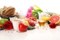 Breakfast on table with bread buns, croissants, coffe and juice on valentines day Royalty Free Stock Photo