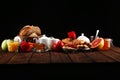 Breakfast on table with bread buns, croissants, coffe and juice on valentines day Royalty Free Stock Photo