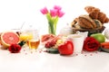 Breakfast on table with bread buns, croissants, coffe and juice on valentines day Royalty Free Stock Photo