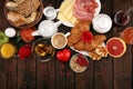 Breakfast on table with bread buns, croissants, coffe and juice on valentines day Royalty Free Stock Photo