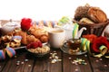 Breakfast on table with bread buns, croissants, coffe and juice on carnival Royalty Free Stock Photo