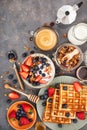 Breakfast table with cereal granola, milk, fresh berries, coffee