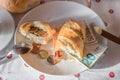 breakfast table with coffee sugar milk and butter and roll covered with euro coins and banknotes on plate, Germany Royalty Free Stock Photo