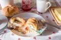 breakfast table with coffee sugar milk and butter and roll covered with euro coins and banknotes on plate, Germany Royalty Free Stock Photo