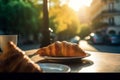 breakfast table croissant france paris food french drink bar cup. Generative AI.