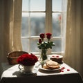 a breakfast table , a cup of coffee, a bread,red roses in a bottle - 1 Royalty Free Stock Photo