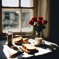 a breakfast table , a cup of coffee, a bread,red roses in a bottle - 1 Royalty Free Stock Photo