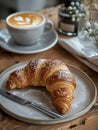 a breakfast table with a french croissant and a cup of cappucino