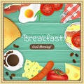 Breakfast table with fried egg, sausage, bacon, coffee, tomatoes, cheese, fork and knife, toast. Royalty Free Stock Photo