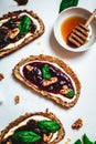 Breakfast table with healthy bread slices on white background