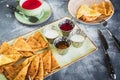 Breakfast on the table with pancakes, sour cream, honey, jam and cup of tea