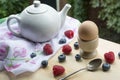 Breakfast on the table with teapot, egg and berries