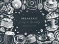 Breakfast table top view frame on chalkboard. Morning food menu vector template. Breakfasts and brunches dishes background. Royalty Free Stock Photo