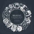 Breakfast table wreath on chalkboard Morning food and hot drinks menu vector frame. Breakfast and brunch dishes background. Royalty Free Stock Photo