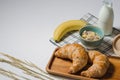 Breakfast table with yummy Croissant and Cereal and banana and fresh milk