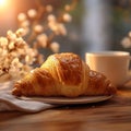 Breakfast tableau Croissant and cup on table with bokeh morning