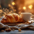 Breakfast tableau Croissant and cup on table with bokeh morning