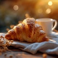 Breakfast tableau Croissant and cup on table with bokeh morning