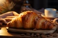 Breakfast tableau Croissant and cup on table with bokeh morning