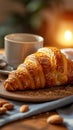 Breakfast tableau Croissant and cup on table with bokeh morning