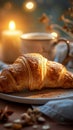 Breakfast tableau Croissant and cup on table with bokeh morning