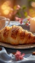 Breakfast tableau Croissant and cup on table with bokeh morning