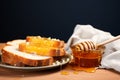 Breakfast tableau honeycomb crowned bread slice on wood, blending textures and flavors