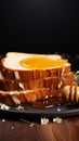 Breakfast tableau honeycomb crowned bread slice on wood, blending textures and flavors