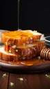 Breakfast tableau honeycomb crowned bread slice on wood, blending textures and flavors