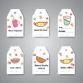 Breakfast tags and hanging for cafe, bar, bakery. Coffee and tea break. Vector labels and sale