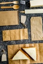 take away with sandwich and paper bags on table background top view mock up Royalty Free Stock Photo