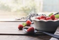 Breakfast. Tasty oatmeal with berries. Healthy breakfast ingredients. Royalty Free Stock Photo