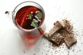 Breakfast with tea and chocolate on white table Royalty Free Stock Photo