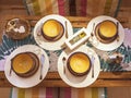 Breakfast terrace in town, with cups, biscuits and coffee and tea Royalty Free Stock Photo