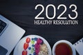 Breakfast with text of healthy resolutions in 2023