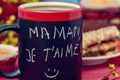 Breakfast and text maman je t aime, I love you mom in french Royalty Free Stock Photo