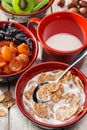 Breakfast. Three bowls with dried apricots and raisins, dried kiwi, cereal flakes with milk. Cup of milk. Nuts on white table. Royalty Free Stock Photo