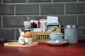 breakfast time with a boiled egg earl grey tea whilst opening the morning mail Royalty Free Stock Photo