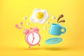 Breakfast time. Flying fried egg, cup of coffee, and alarm clock Royalty Free Stock Photo