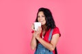 Breakfast time. happy woman smell hot beverage. enjoying tasty drink. girl drinking coffee form cup. fresh and delicious Royalty Free Stock Photo