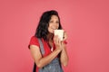 Breakfast time. happy woman smell hot beverage. enjoying tasty drink. girl drinking coffee form cup. fresh and delicious Royalty Free Stock Photo