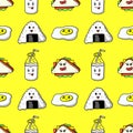 Breakfast Time, Kawaii Doodle Milk, Sandwich, Omelette, and Rice Ball. Seamless Pattern, Vector Illustration EPS 10. Royalty Free Stock Photo
