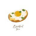 Breakfast time. Morning sandwich. Healthy food. Hand drawn breakfast food elements with fried egg, toasted bread and