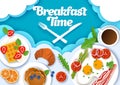 Breakfast time poster banner template, vector paper cut style top view illustration Royalty Free Stock Photo